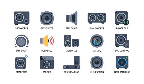 Subwoofer and bass icons arranged in labeled grid on white background