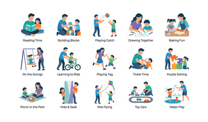 Fototapeta premium Parent and child activity icons displayed in grid on white background