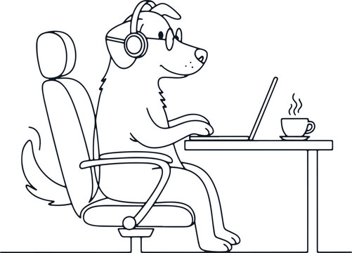Cartoon dog wearing headphones and glasses sitting at desk working on laptop with steaming coffee cup.