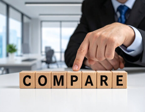 Compare - Geschäftsmann zeigt auf den Text "Compare"
