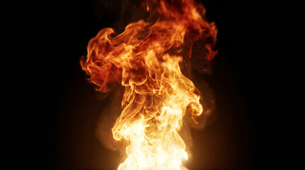 Fototapeta premium Full height ground rising fire column on black background cinematic inferno