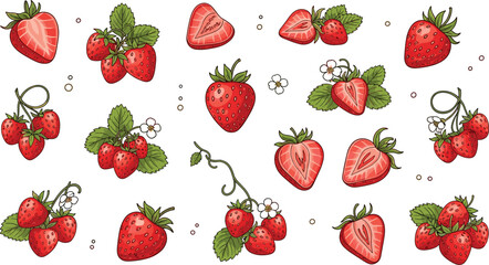 Fresh strawberry seamless pattern with whole and sliced berries leaves and flowers summer fruit background hand drawn vector illustration design © MstSabera