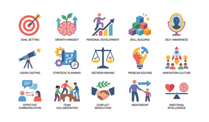 Fototapeta premium Personal development and leadership icons arranged on white background