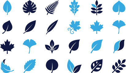 Fototapeta premium Collection of blue and dark blue leaf icons representing nature and seasons for graphic design elements.