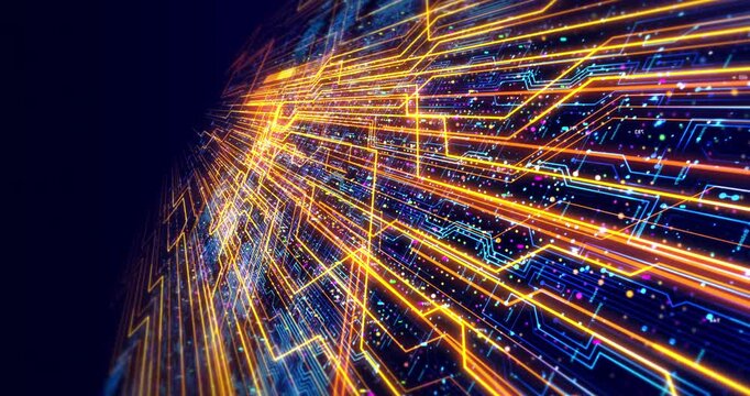 Futuristic microprocessor circuit board animation with bright glowing light trails. AI And Futuristic Technology Related 4K Concept.