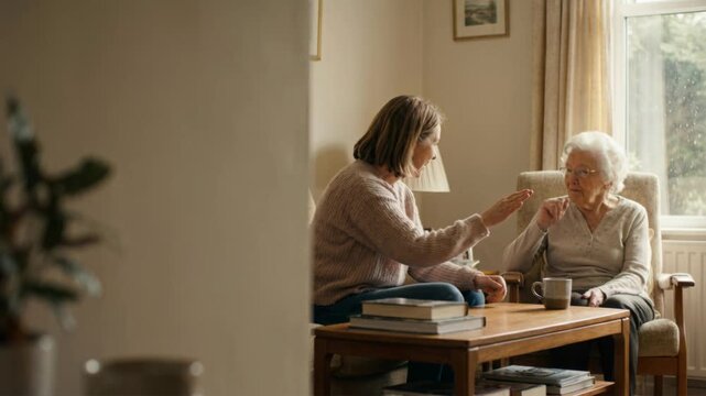 Woman and senior woman share conversation, smiles, and gestures about life experiences, fostering intergenerational connection and caregiver bond