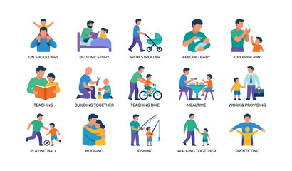 Fototapeta premium Father and child icons showing caregiving moments on white background