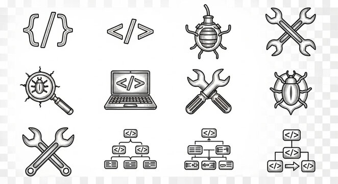 Coding and Debugging Tools Icons Set.