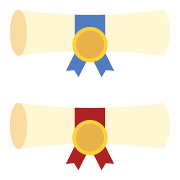 Rolled graduate certificate with ribbon, flat style diploma illustration isolated on white background.
