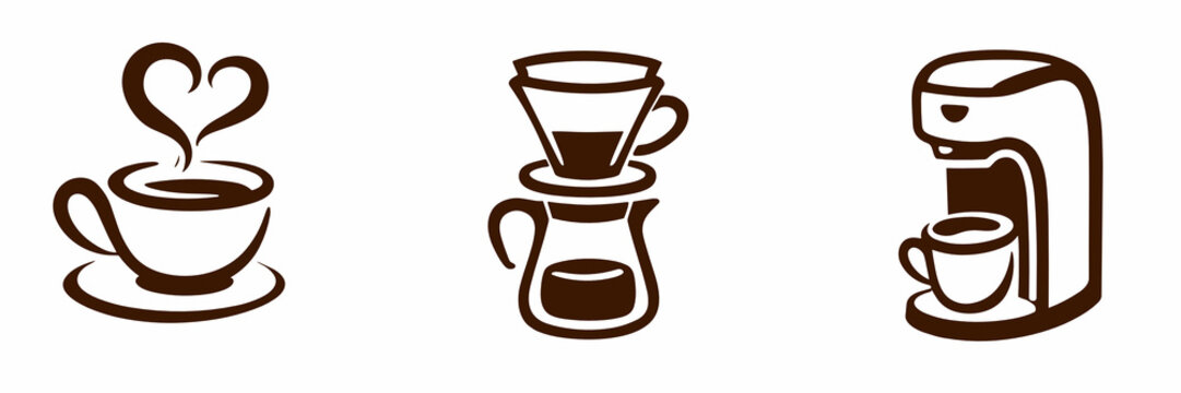 A set of three coffee icons &mdash; a cup with heart-shaped steam, a pour-over brewer, and a drip coffee machine &mdash; on transparent background. Brown outline vector illustration.