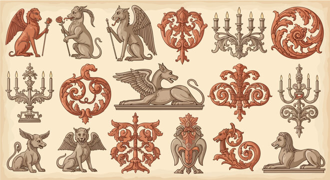 Renaissance Grotesque Grotteschi Vector Ornaments &ndash; Chimeras Acanthus and Arabesques