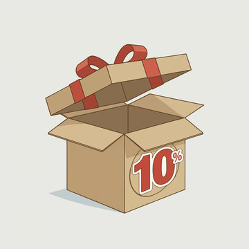 Create a realistic Open gift box with red 10 percent discount on white background - Discount sale concept. 3d rendering vector art