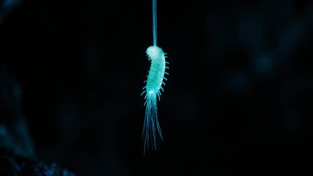 ツチボタル幼虫の発光器官マクロ接写・絹糸に吊るされた生命の青白い光・洞窟内