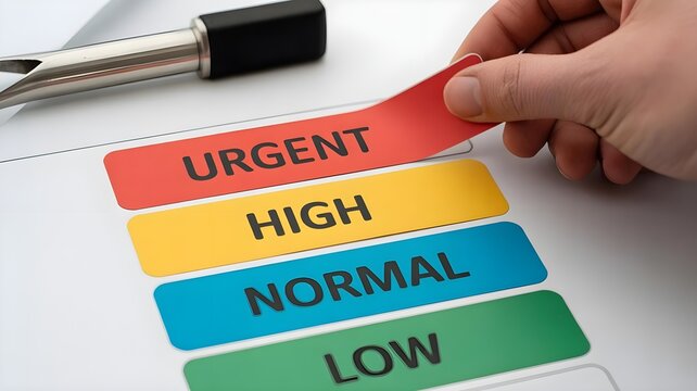 A hand places a red urgent label on a priority list with high normal and low status tags in a professional office setting with bright natural lighting