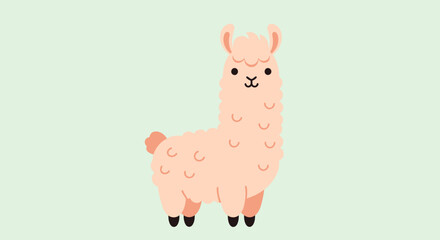 Fototapeta premium A cute, fluffy, pink llama stands facing forward against a pale green background, with a simple, charming illustration style.