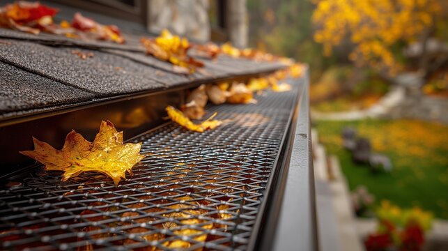 Gutter guard installation on shingle roof with leaf debris, showing mesh guard, gutter edge and fall foliage - promotes clog prevention and roof maintenance.