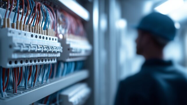 Electrician inspecting an electrical panel with circuit breaker, wiring and label for electrical panel upgrade service.