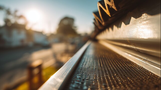 Close-up of gutter with installed mesh guard on residential roof, sunlight and street in background conveying gutter guard installation and gutter cleaning concept.