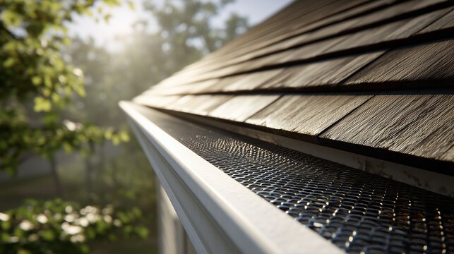 Close-up of a roof edge with installed metal gutter guard on shingle roof highlighting gutter protection and roof maintenance upgrade.