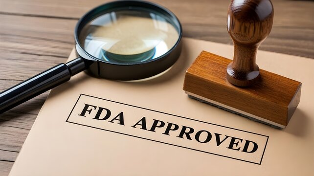 Fda approved stamp with magnifying glass on document symbolizing quality control and regulatory compliance in a professional setting