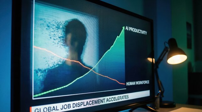 AI productivity human workforce job displacement global trend technology impact business graph office lamp digital screen data analysis workforce