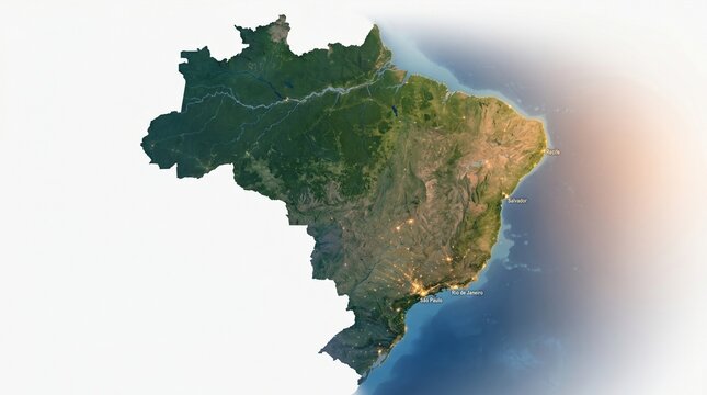 Detailed satellite view of the brazilian territory showing diverse topography and lush rainforest vegetation across the entire national land mass