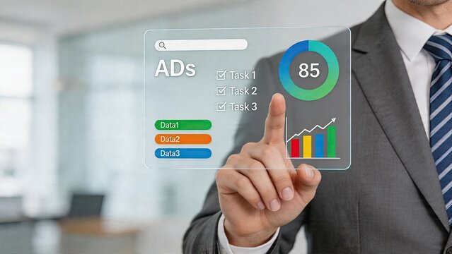 Businessman interacting with digital analytics dashboard displaying advertising data growth charts task lists and performance metrics on transparent screen in modern office