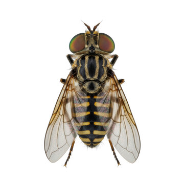 a solitary horsefly specimen featuring reflective iridescent brown compound eyes and striped abdomen, captured in ultra-realistic extreme macro detail against a transparent studio background concept