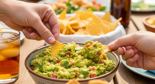 Bright Guacamole with Nachos Sharing Moment