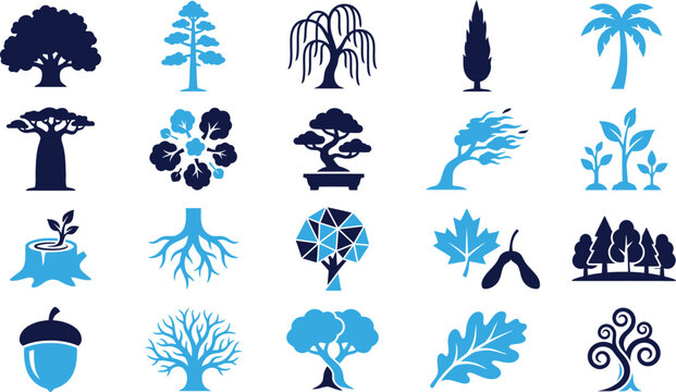Various tree types and forest related symbols for nature and growth concepts.