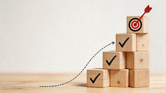 Business goal achievement wooden blocks climbing with checkmarks red dart hitting target bullseye at top success strategy concept corporate growth chart positive momentum arrow