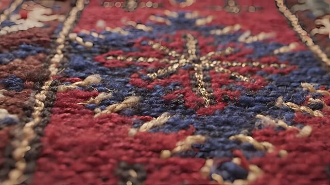 Closeup of a richly textured handwoven rug with intricate patterns and vibrant colors.