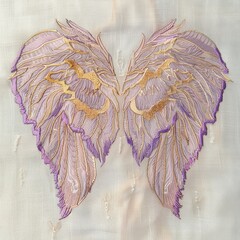 Obraz premium Delicate wings shimmer with soft lavender and gold threads. Feathers cascade in gentle curves, evoking grace and mystery. Embroidered against a textured, vintage fabric background