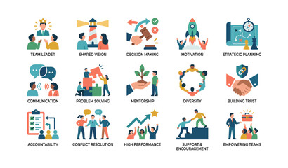 Fototapeta premium Leadership and teamwork icons arranged in grid on white background