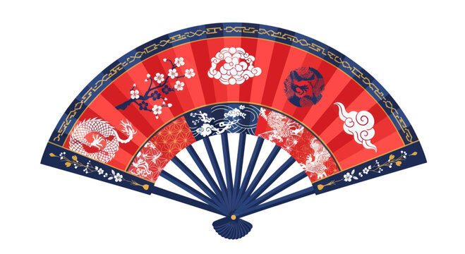 Traditional Asian Fan with Dragon, Clouds, and Cherry Blossoms - Red and Blue