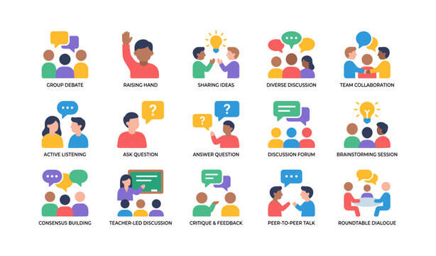 Collection of discussion icons showing group communication actions
