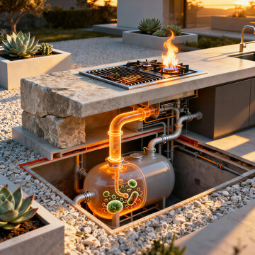Modern outdoor kitchen patio at sunset with a cutaway showing underground systems. Includes heated pipes and a biodigester tank visualizing microbial activity for eco-efficiency.