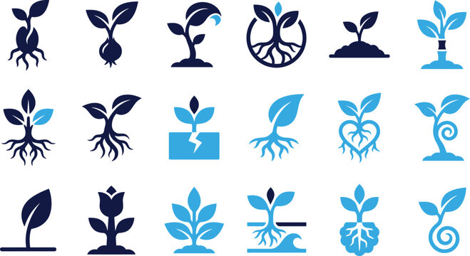 Various plant growth stages icons showing seedlings sprouting from soil and water.