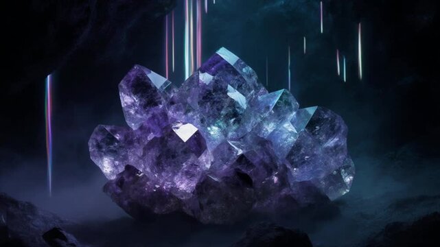 フローライト洞窟結晶の神秘的な紫色発光・オービット映像