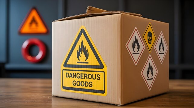 Cardboard box labeled with dangerous goods and flammable warning symbols sitting on a wooden surface against a dark background in a professional