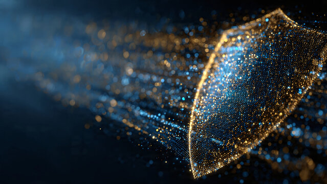 Abstract Futuristic Digital Security Shield with Glowing Particles and Cyber Protection Concept