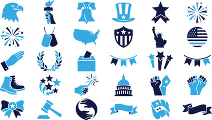 Naklejka premium Collection of patriotic American icons and symbols in blue and white for holidays and events.