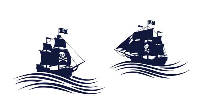 Pirate Ship Silhouette Icons, Skull Jolly Roger Flag, Sailing on Wavy Sea