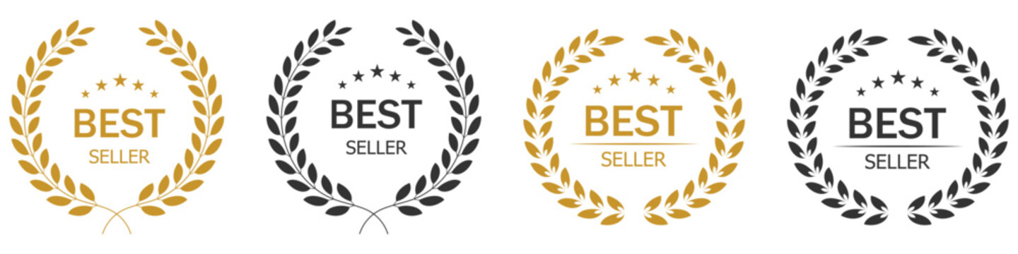 best seller award badges in gold, with laurel. Best seller label collection. Best seller badge logo isolated. Vector illustration.