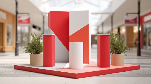 Modern display setup with geometric shapes in red and white tones.