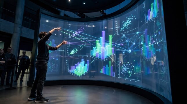 man interacting with immersive data visualization wall display