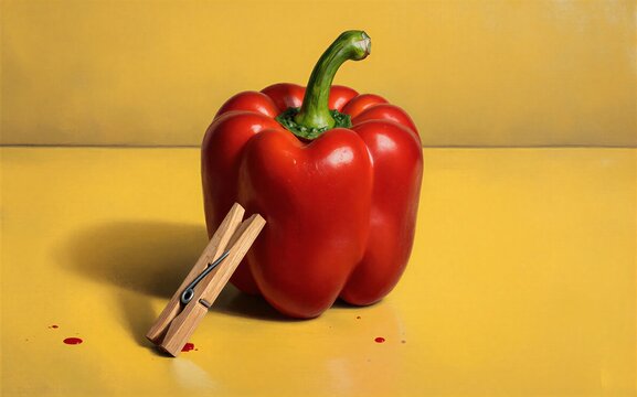 Red pepper with clothespin yellow background minimalist still life