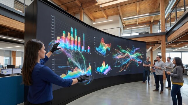 woman interacting with large interactive data wall display