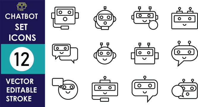 Minimal line icon set featuring chatbot robots, speech bubbles, and digital assistant faces, clean vector outlines ideal for UI, apps, customer support, and automation