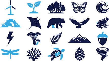 Assorted blue and navy icons representing nature and wildlife for design. © FahimBD